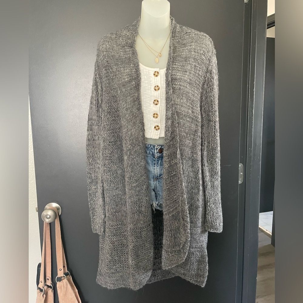 Eileen Fisher Longline Alpaca and Wool open knit Gray Cardigan Sweater Large